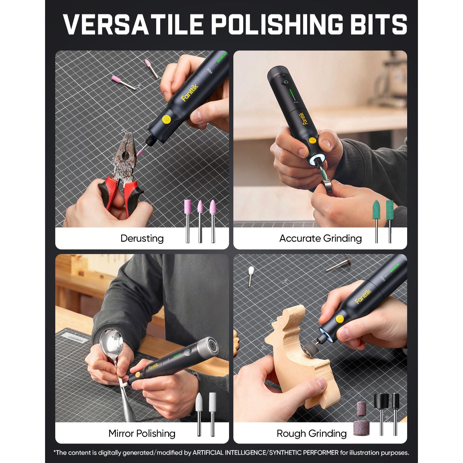 A promotional collage titled 'VERSATILE POLISHING BITS' showing four panels of a handheld rotary polisher in use for derusting, accurate grinding, mirror polishing, and rough grinding, with small accessory bits displayed beside each panel.