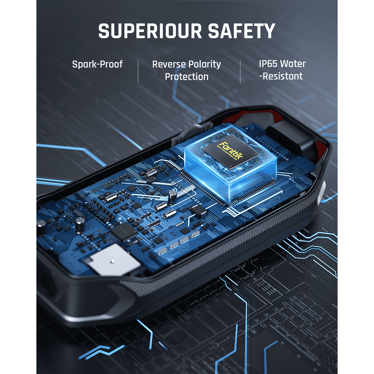Fanttik T8 Jump Starter with our mistake-free design featuring reverse polarity and spark-proof technology, you have no worry of incorrect connections.