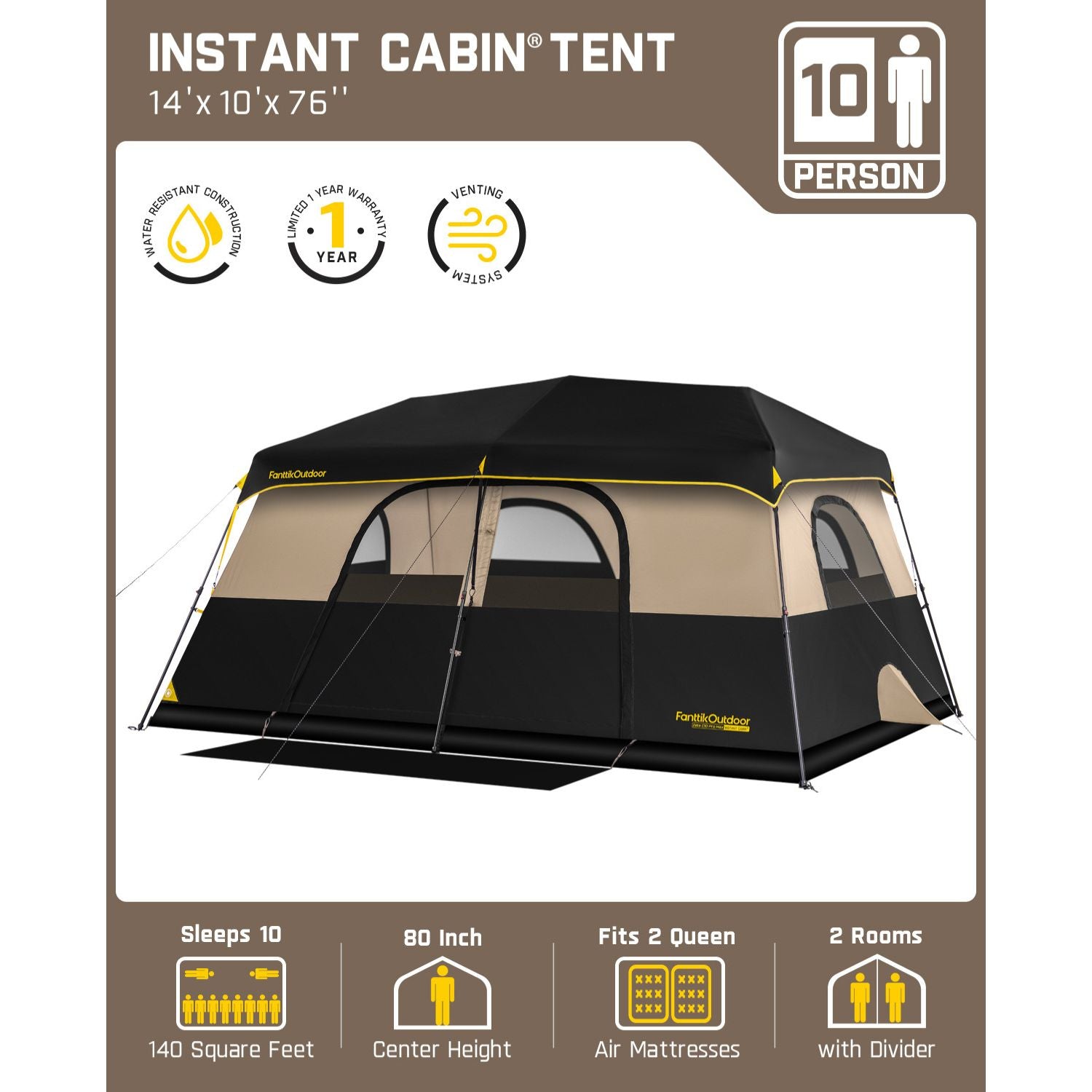 FanttikOutdoor Instant Cabin Tent 10 Person Camping Tent Setup in 60 Seconds with Rainfly & Windproof Portable with Carry Bag for Family Camping & Hiking, Upgraded Ventilation