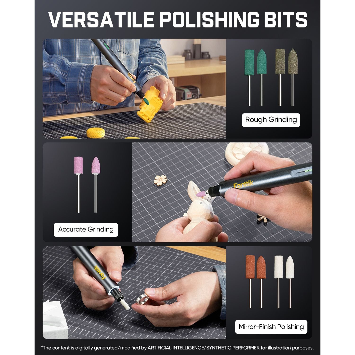 Versatile polishing bits set shown in a promotional collage with labeled sections for Rough Grinding, Accurate Grinding, and Mirror-Finish Polishing. The image includes close-up photos of hands using a rotary polisher and product swatches of the bit tips in green, gray, pink, brown, and white on a dark background.