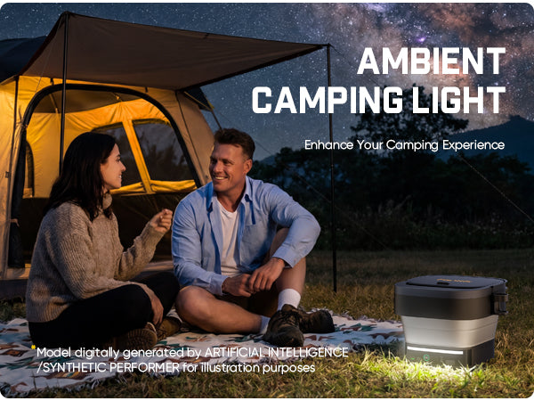 Two people sitting under a tent with a preeure washer on a starry night, text 'Ambient Camping Light' displayed.
