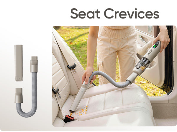 Person cleaning car seat crevices with Fanttik Slim V10 Ultra Cordless Car Vacuum.