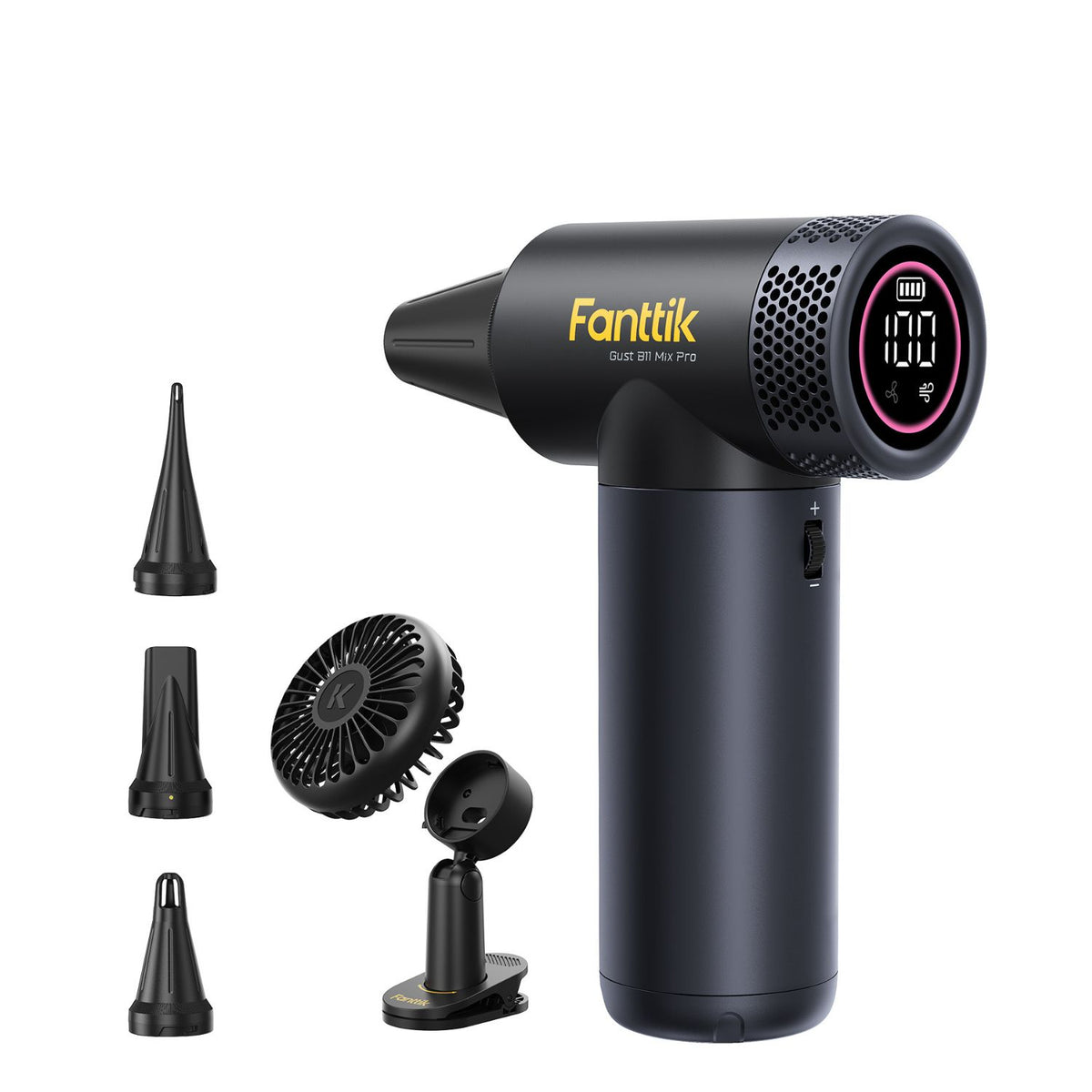 Fanttik B11 Mix Pro 2-in-1 electric air duster with fan attachment and nozzle tips
