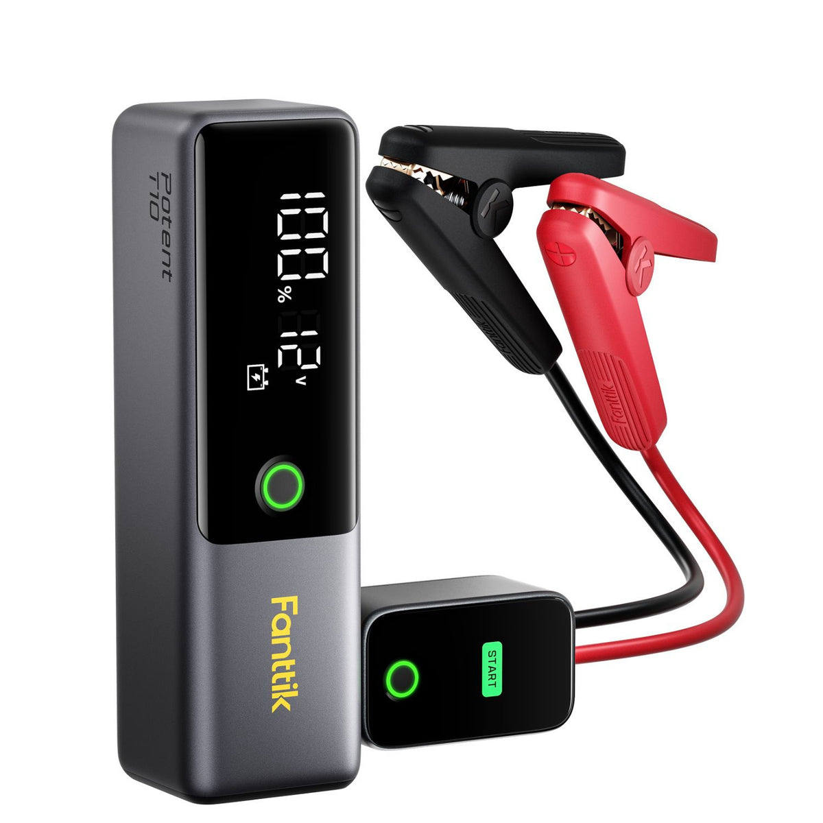 Fanttik Potent T10 1800 Amp jump starter with digital display showing 100% battery and 12V, and smart clamps attached.
