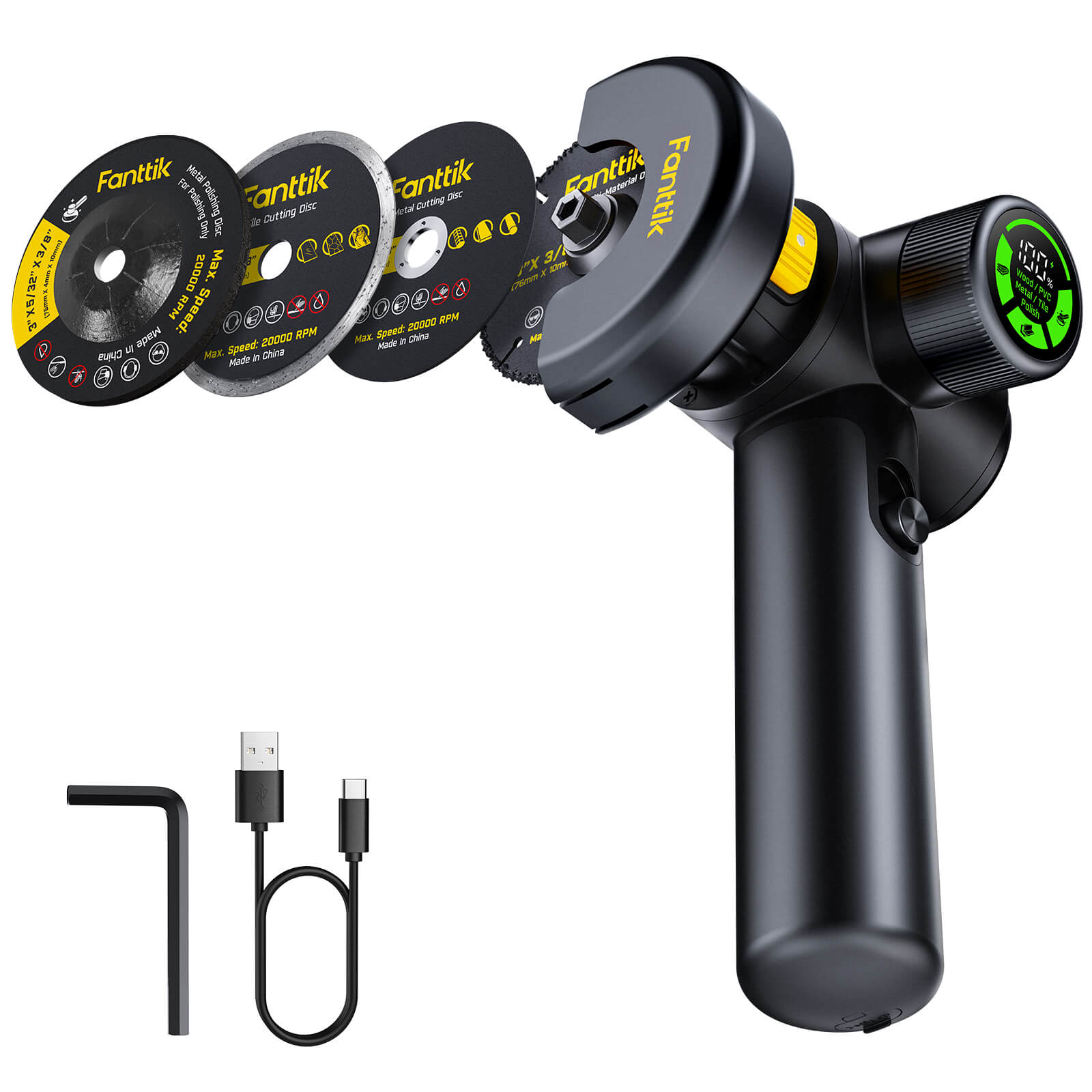 Fanttik M10 ACE Cordless Angle Grinder Brushless, 3 Inch Compact Cut Off Tool with LED Display, 3 Variable Modes, Double Security, Type-C Fast Charging, 10000RPM Mini Cutter with 4 Blades