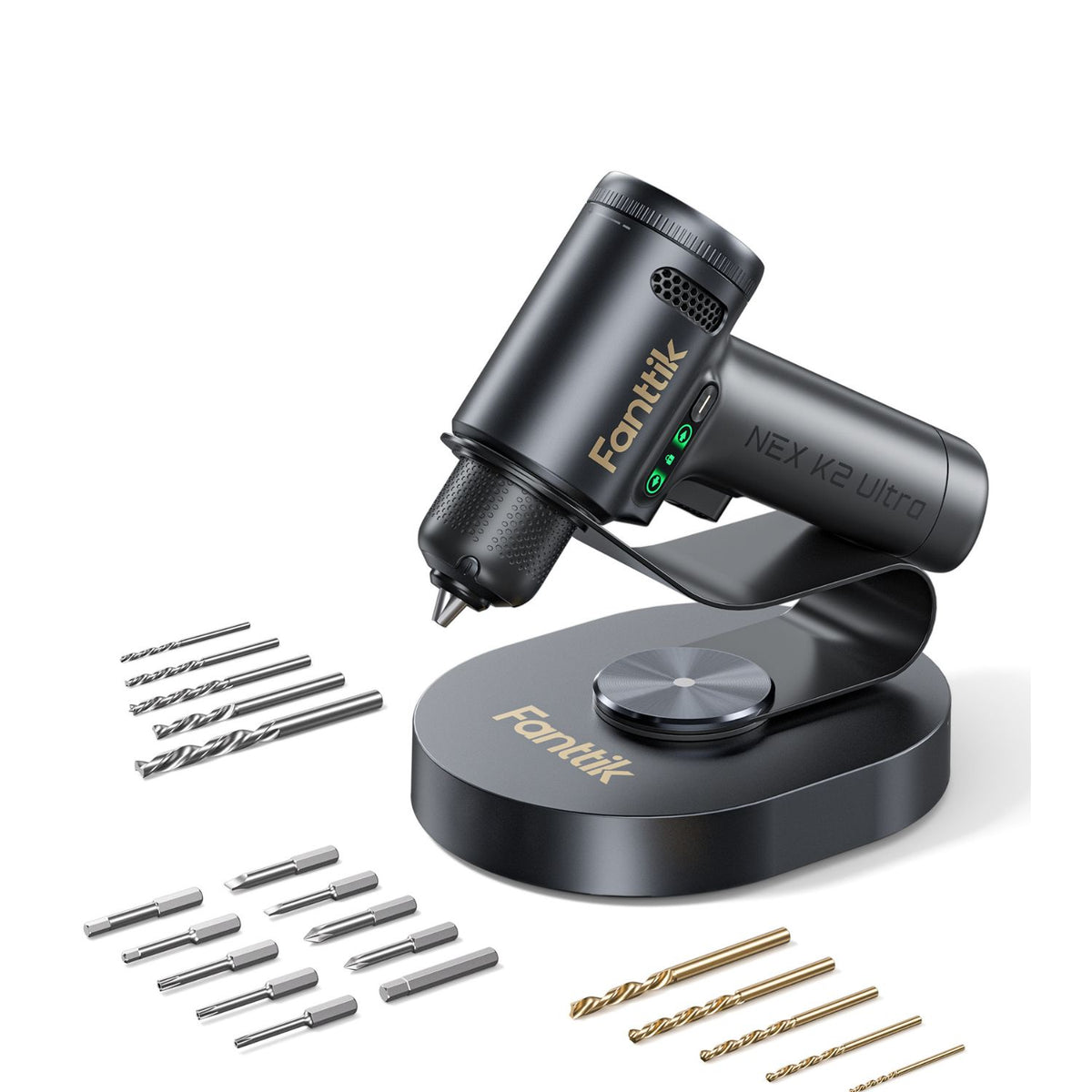 Fanttik K2 Ultra 7.4V cordless power drill with included drill bits and screwdriver bits on its charging stand.