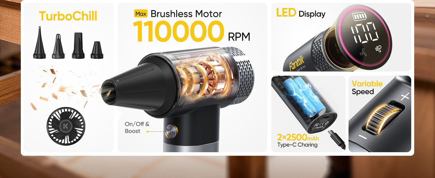 Fanttik Gust B11 Mix 2-in-1 Electric Air Duster & Fan, Dust Blower, 110000RPM Brushless Motor, Compressed Air Duster, 100 Stepless Gears, One-tap Booster, Electric Duster for PC, Electronics, Outdoor