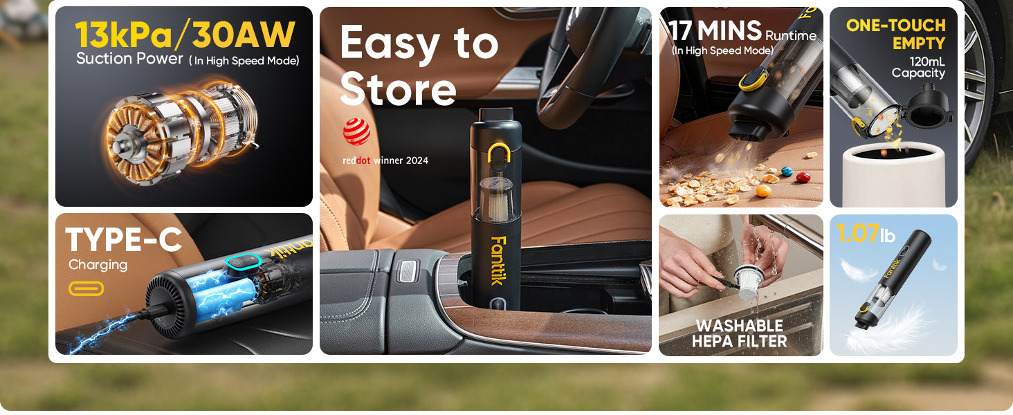 Fanttik V8 Mate Upgraded Cordless Car Vacuum, Portable Mini Vacuum with 13000pa Suction Power, 2 Suction Modes, Type-C Charge, Handheld Vacuum for Car, Small Tasks, Keyboards, Office Desk