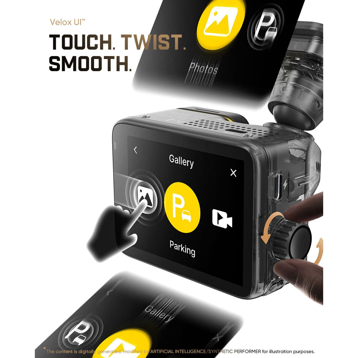 The rendered image shows the transition between the dashcam's current and upcoming screens. A model's hand is on the side knob, next to which is an arrow indicating up and down rotation. The Velox UI™, TOUCH, TWIST, SMOOTH, and other UI elements demonstrate the Fantik dashcam's touchscreen and knob functionality.