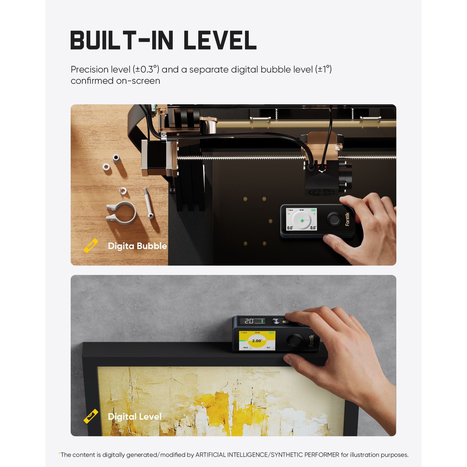 Product with digital bubble level and precision level on a white background