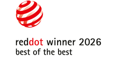Reddot Winner 2026 badge on a white background, featuring a red and white striped globe icon above the text 'reddot winner 2026 best of the best' in black and red.