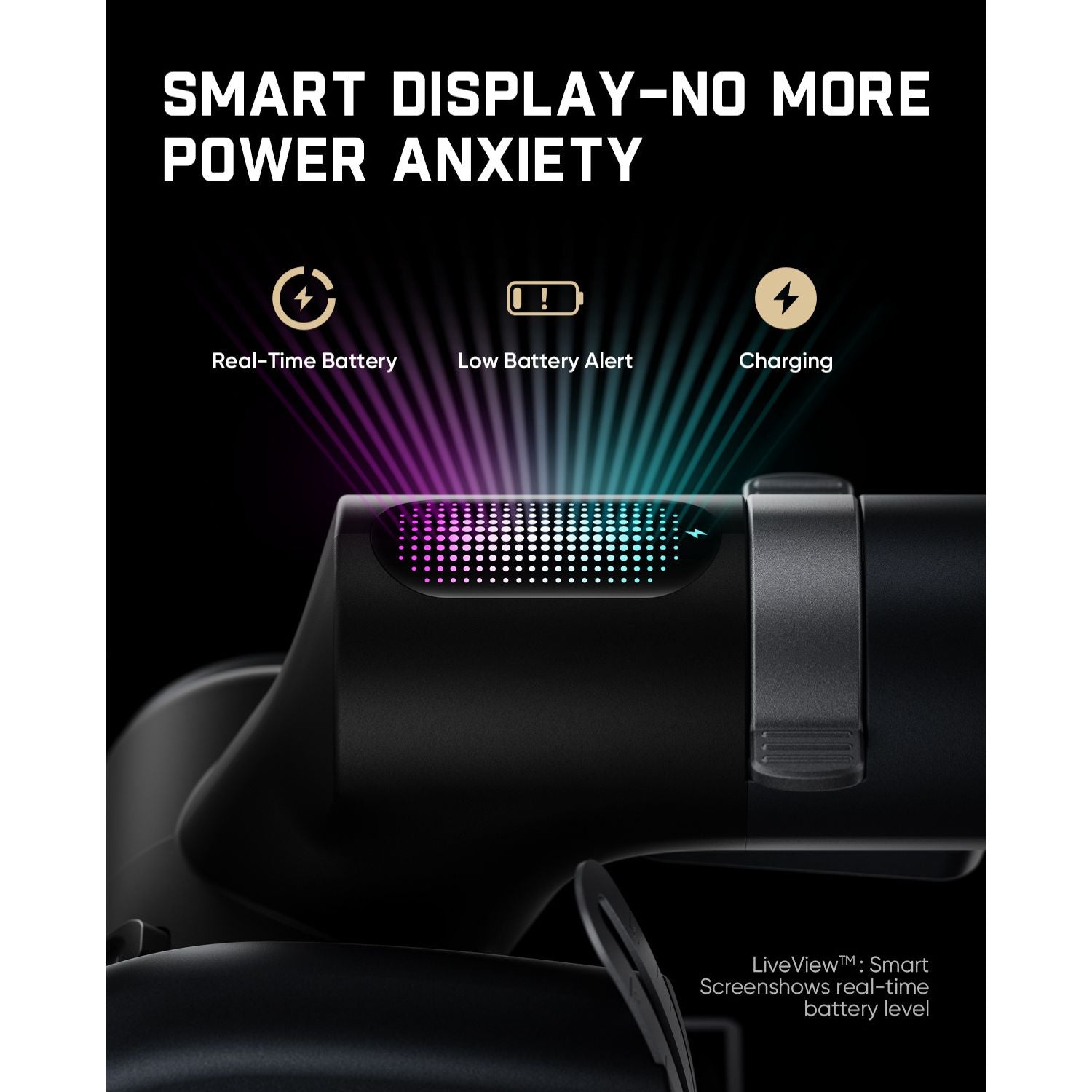 A close-up of a black smart VR headset with illuminated multicolor LED accents on the front, shown against a black background with marketing text reading 'SMART DISPLAY-NO MORE POWER ANXIETY' and feature icons for real-time battery, low battery alert, and charging.