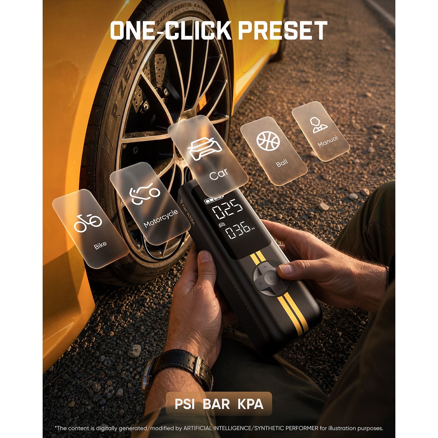 A person holds a fanttik X8 APEX air pump near a car tire, with overlaid icons showing preset modes like Bike, Motorcycle, Car, Boat, and Horses. Large text reads 'ONE-CLICK PRESET' and 'PSI BAR KPA'.