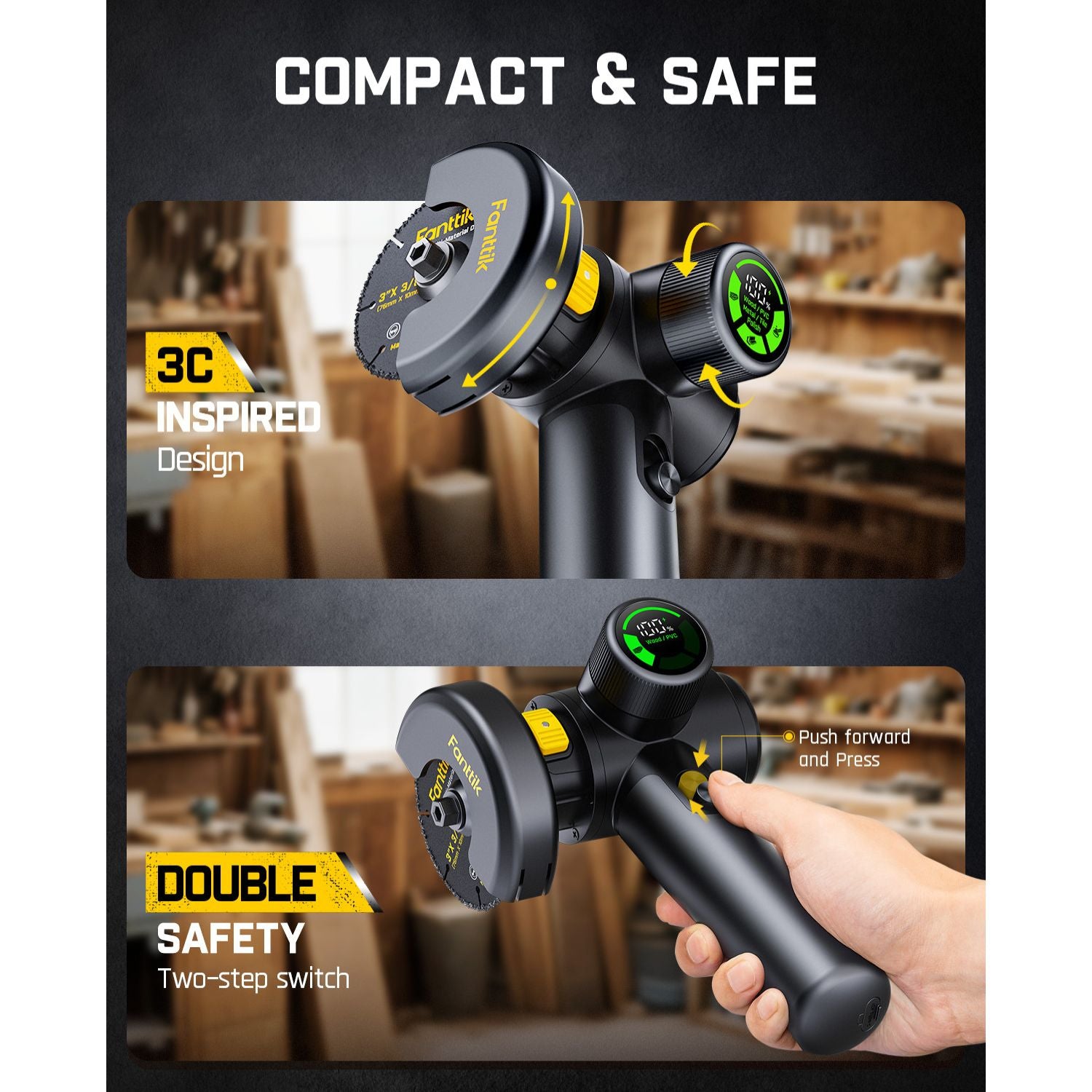 Fanttik M10 ACE Cordless Angle Grinder Brushless, 3 Inch Compact Cut Off Tool with LED Display, 3 Variable Modes, Double Security, Type-C Fast Charging, 10000RPM Mini Cutter with 4 Blades