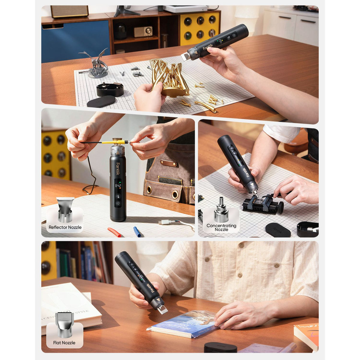 A 3-panel collage showing a Fanttik H3 Master Cordless Mini Heat Gun being used in a home or workshop setting. The top panel shows hands holding the tool over a workbench with small components.