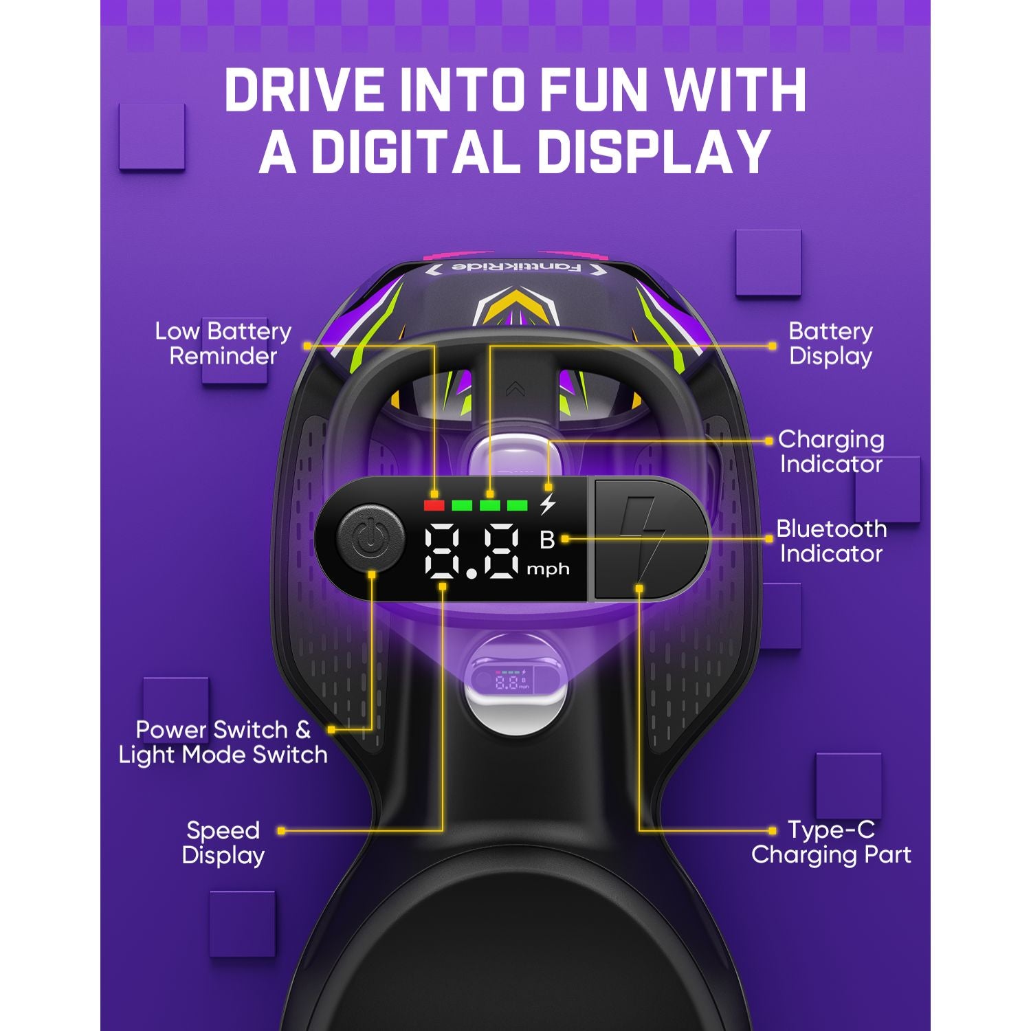 A purple promotional graphic showing a black VR headset controller with labeled callouts for features such as battery display, Bluetooth indicator, charging indicator, speed display, power switch, light mode switch, and Type-C charging part. Large text at the top reads 'DRIVE INTO FUN WITH A DIGITAL DISPLAY.