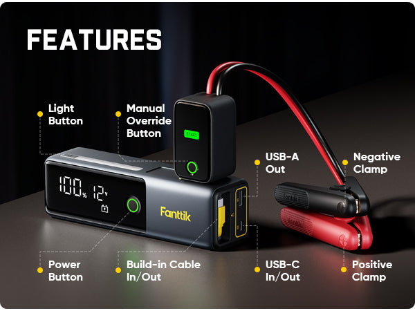 Fanttik Potent T10 1800A Portable Jump Starter, 12000mAh Jump Box for Car Battery for up to 7.0L Gas and 5.0L Diesel Engines, 12V Safe Lithium with Retractable Charging Cable, Power Bank & LED Display