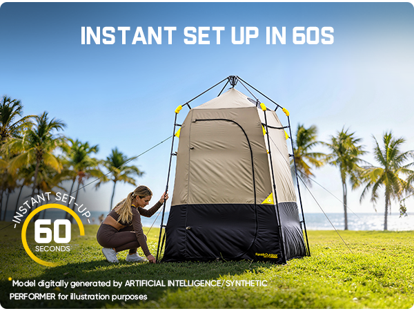 Portable shower tent with setup time text on a grassy area with palm trees