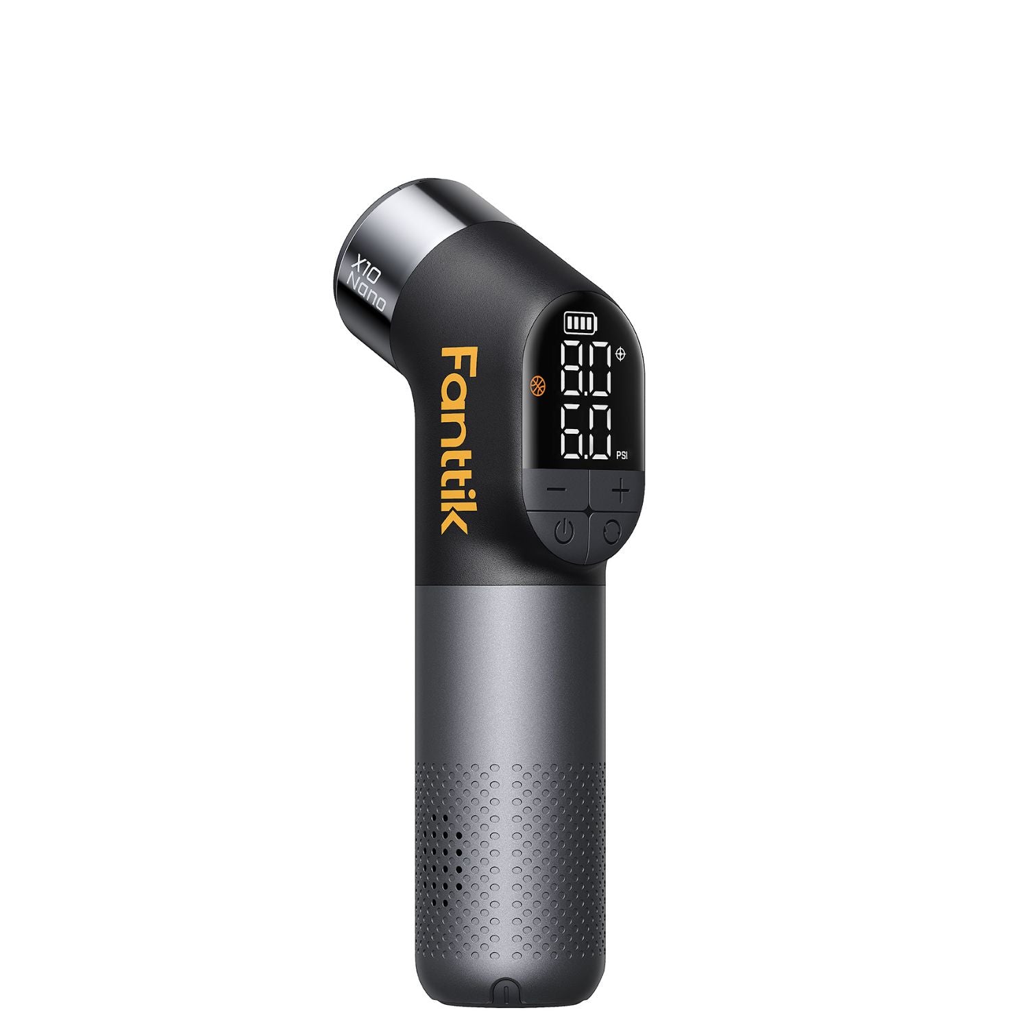 A Fanttik X10 Nano Electric Ball Pump  with a black and dark gray body, featuring a digital display screen and the brand name 'Fanttik' printed in orange on the side.