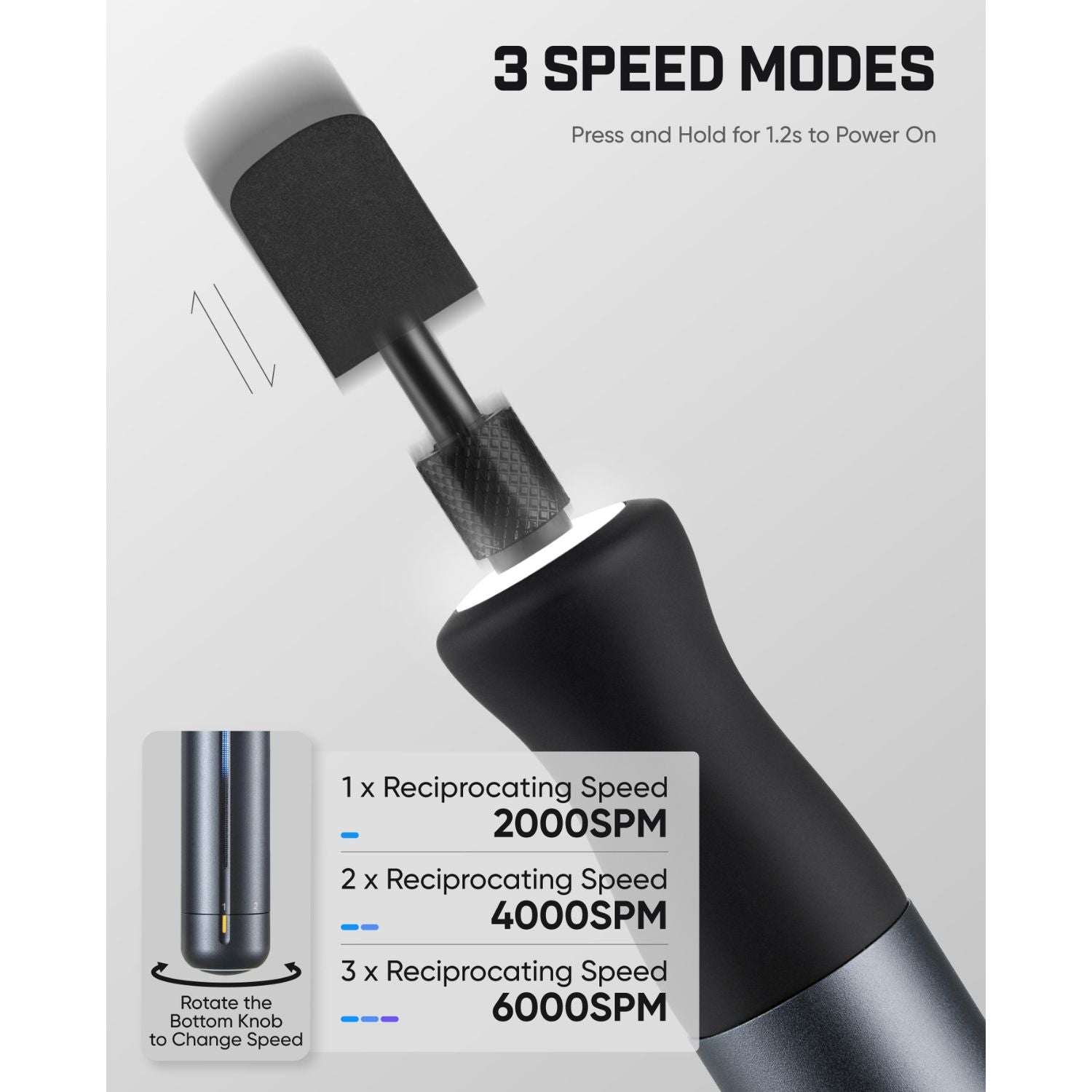 Product information graphic for a Detail Sander attachment showing three speed modes, with a black and dark gray brush head, a power-on instruction, and RPM speeds 2000, 4000, and 6000.