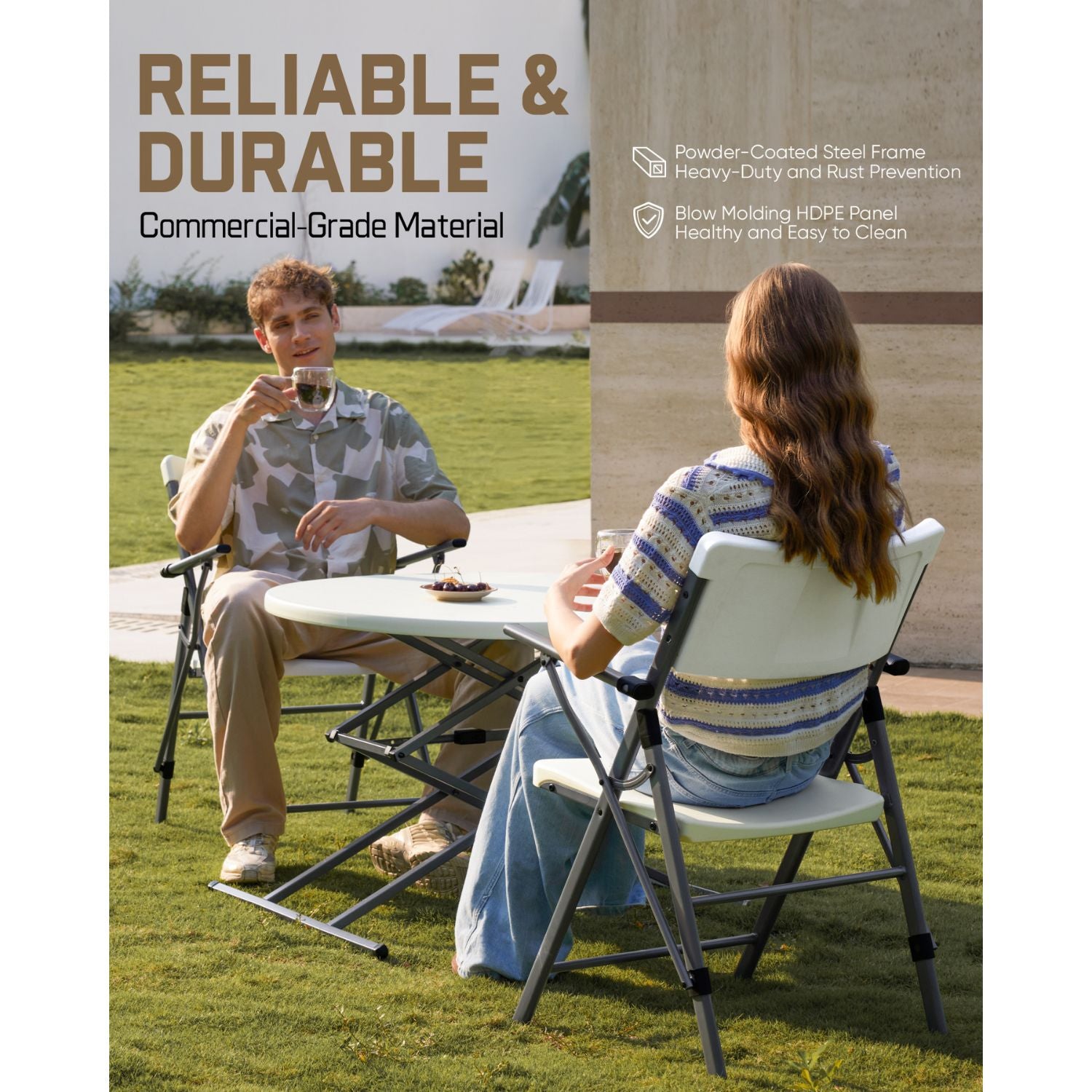 FanttikOutdoor Portable Plastic Folding Chair, Armrest, Indoor Outdoor Heavy Duty Office Seat with Steel Frame, 350 lbs Capacity for Home, Party, Wedding, Garden, Stadium, 2-Pack, White Zeta H8 Ultra