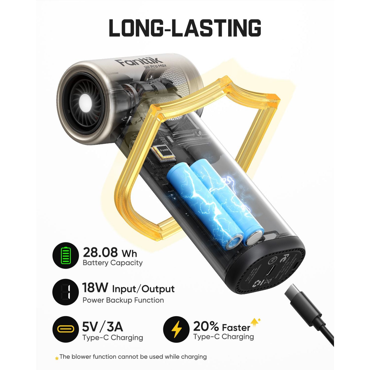 Fanttik B11 Pro Max electric air duster battery details, 28.08Wh, 18W USB-C charging