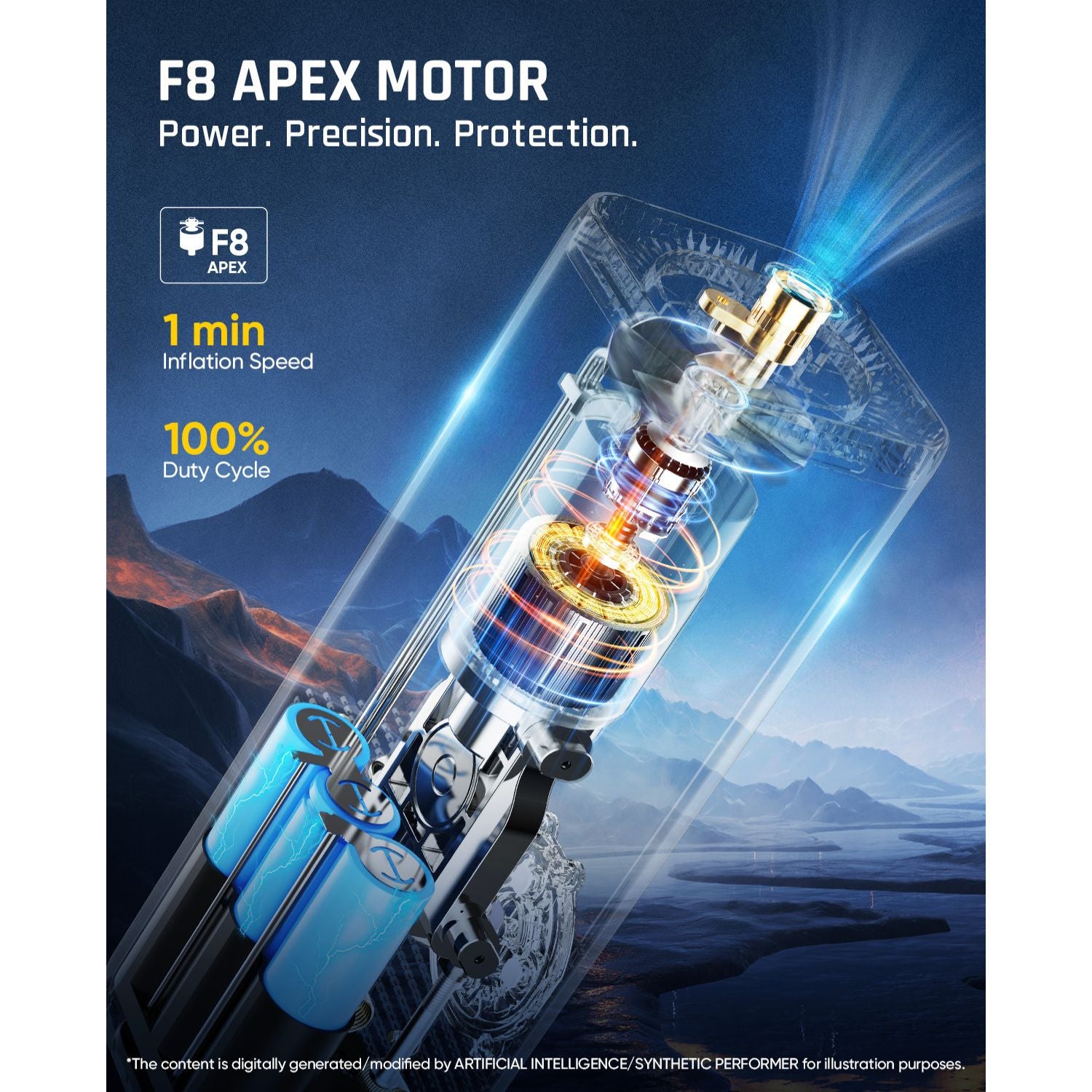 Promotional graphic for an F8 Apex motor, showing a transparent cylindrical mechanical component with glowing internal parts and blue energy effects, over a dark mountain landscape. Text reads 'F8 APEX MOTOR' and 'Power.