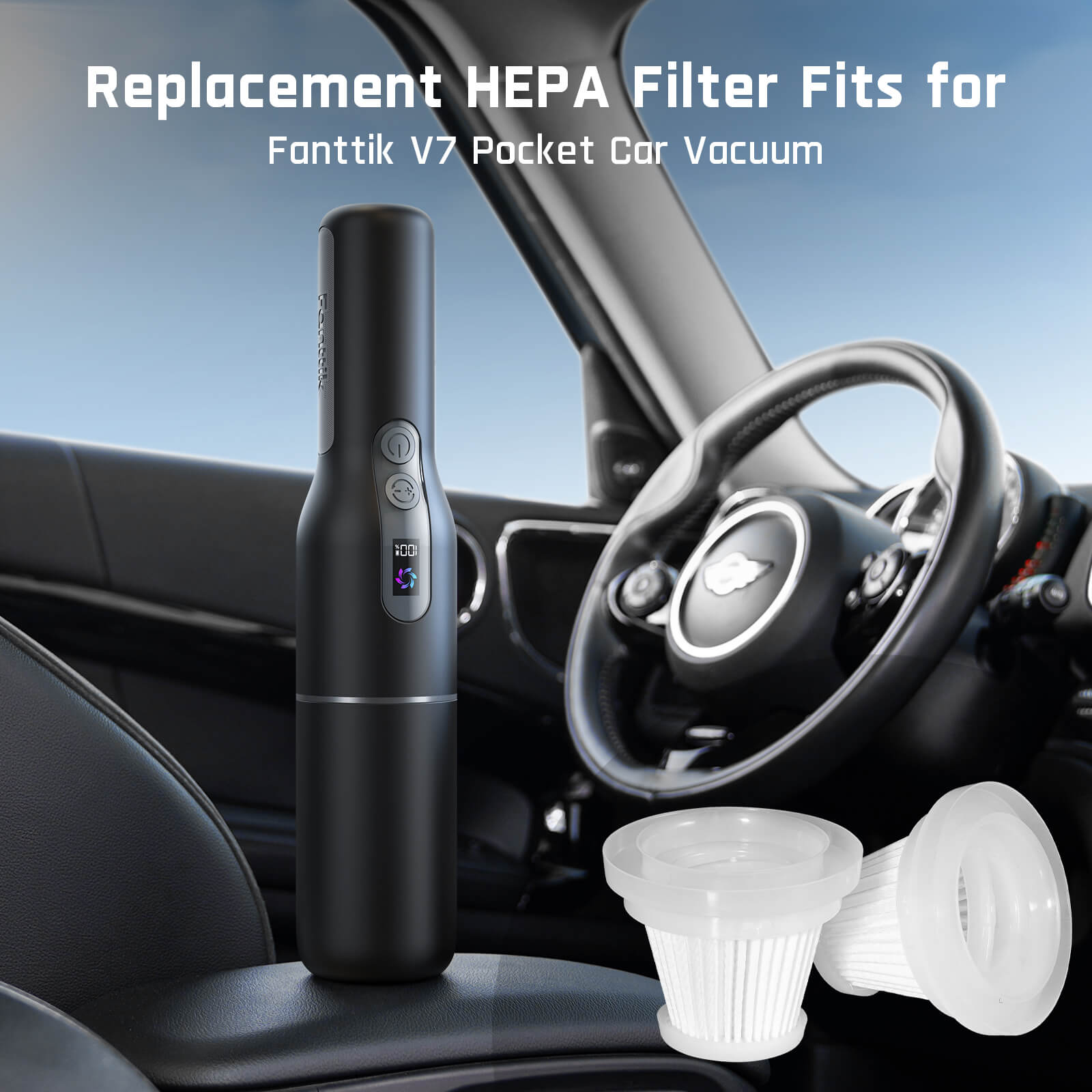 Fanttik 2-Pack Replacement HEPA Filter for V7 Pocket Car Vacuum