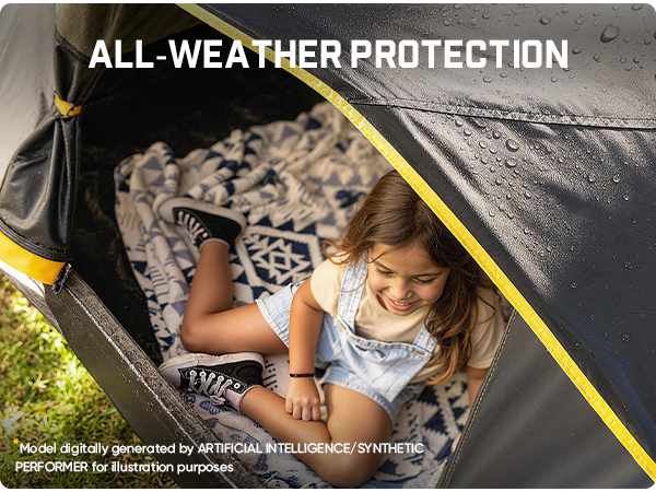 Child inside a tent with 'All-Weather Protection' text above