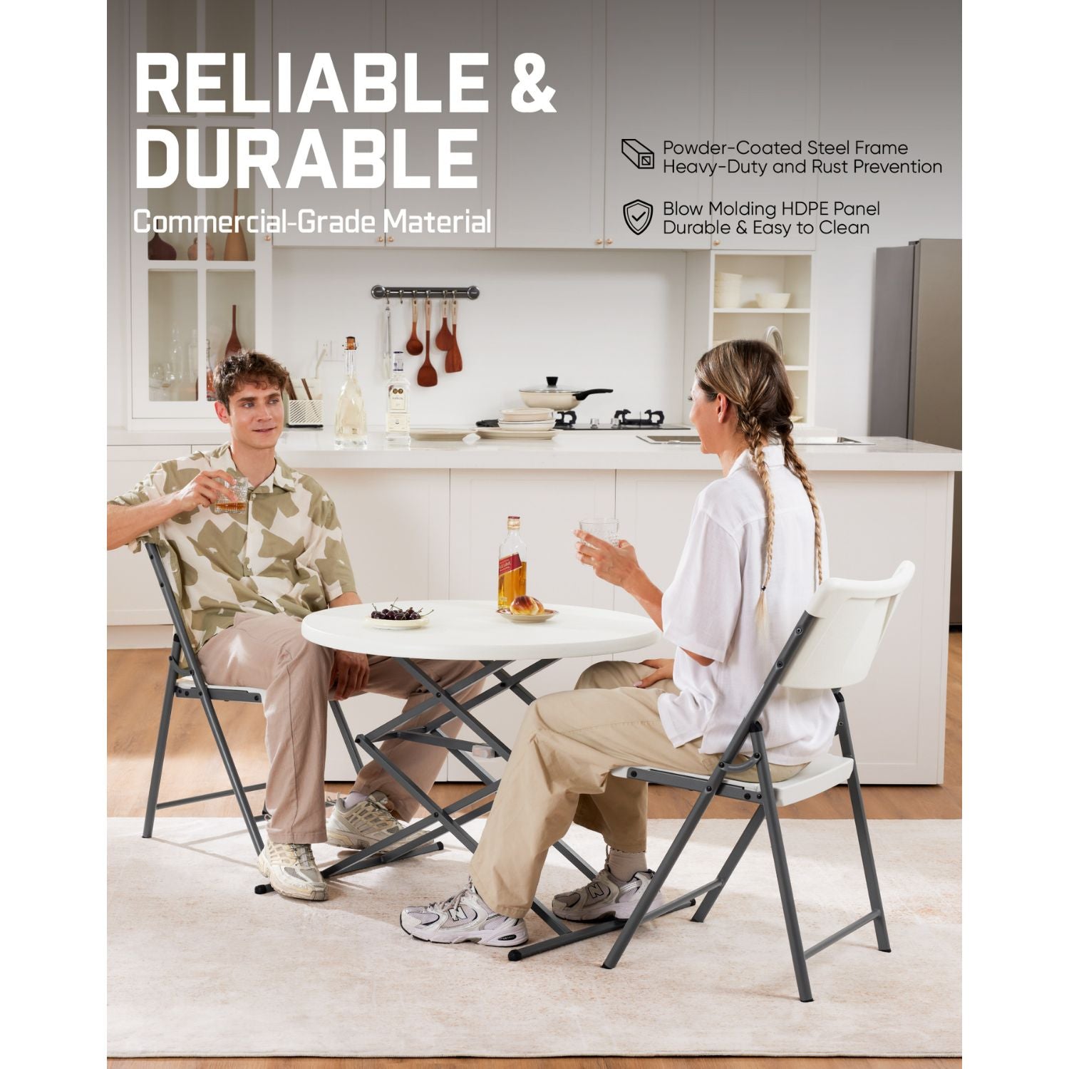 FanttikOutdoor Portable Plastic Folding Chair, Indoor Outdoor Comfortable Sturdy Office Seat with Steel Frame, 350 lbs Capacity for Home, Party, Wedding, Garden, Stadium, 4-Pack, White Zeta H8 Lite
