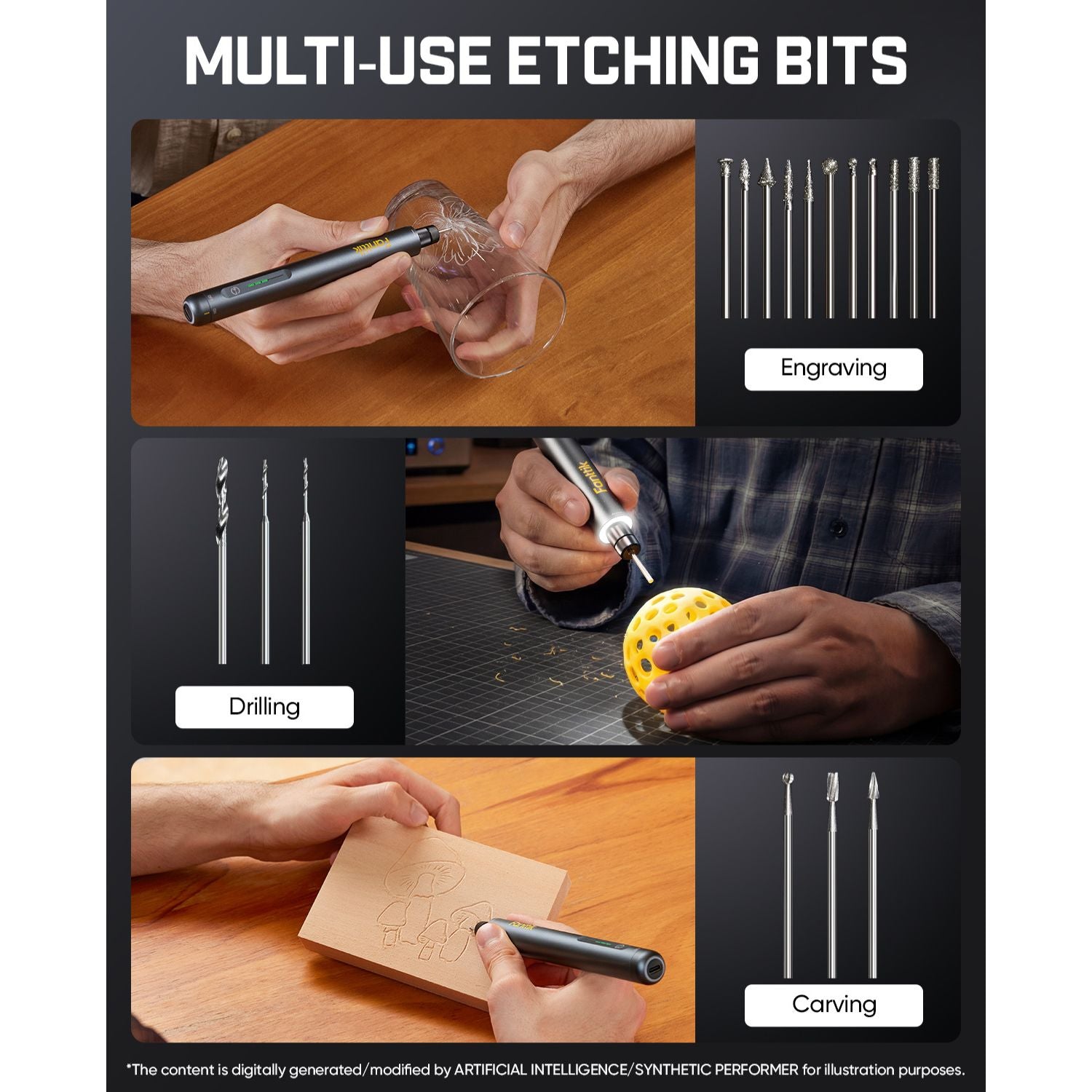 A promotional collage for a multi-use etching bit set, showing several hands using the tool for engraving, drilling, and carving on glass, wood, and leather. The set includes multiple metal etching bits and drill bits, with labels reading 'Engraving,' 'Drilling,' and 'Carving.