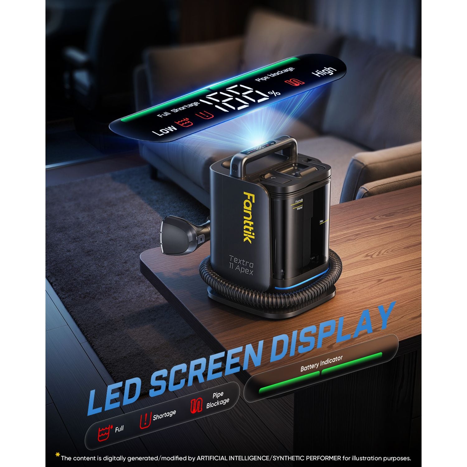 A Fanttik Textra 11 Apex Cordless Carpet Cleaner sits on a wooden table in a living room setting, projecting a colorful digital screen display above it. The image includes promotional text overlays highlighting the LED screen display feature.