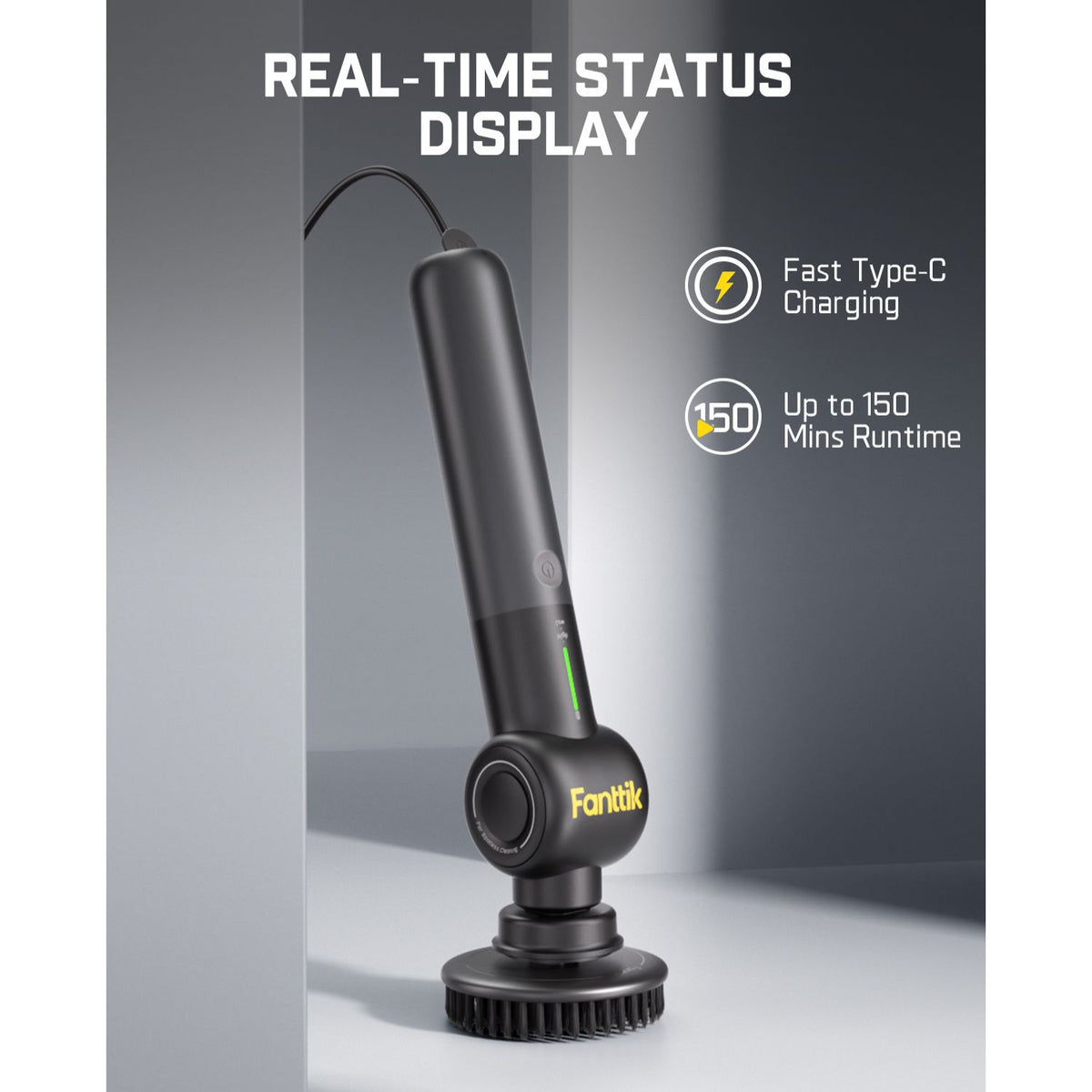 A black handheld Electric Spin Scrubber with a round bristle head stands upright on a charging base. The image includes marketing text reading 'REAL-TIME STATUS DISPLAY,' 'Fast Type-C Charging,' and 'Up to 150 Mins Runtime,' with the brand name 'Fonntik' visible on the brush body.