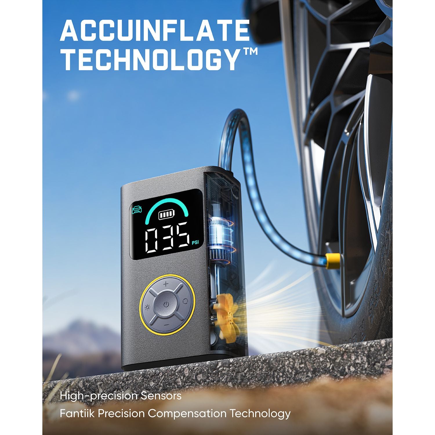 A portable tire inflator with a digital display and circular control dial, shown connected to a car tire outdoors. The image includes the text 'ACCUINFLATE TECHNOLOGY' at the top and additional feature text at the bottom.