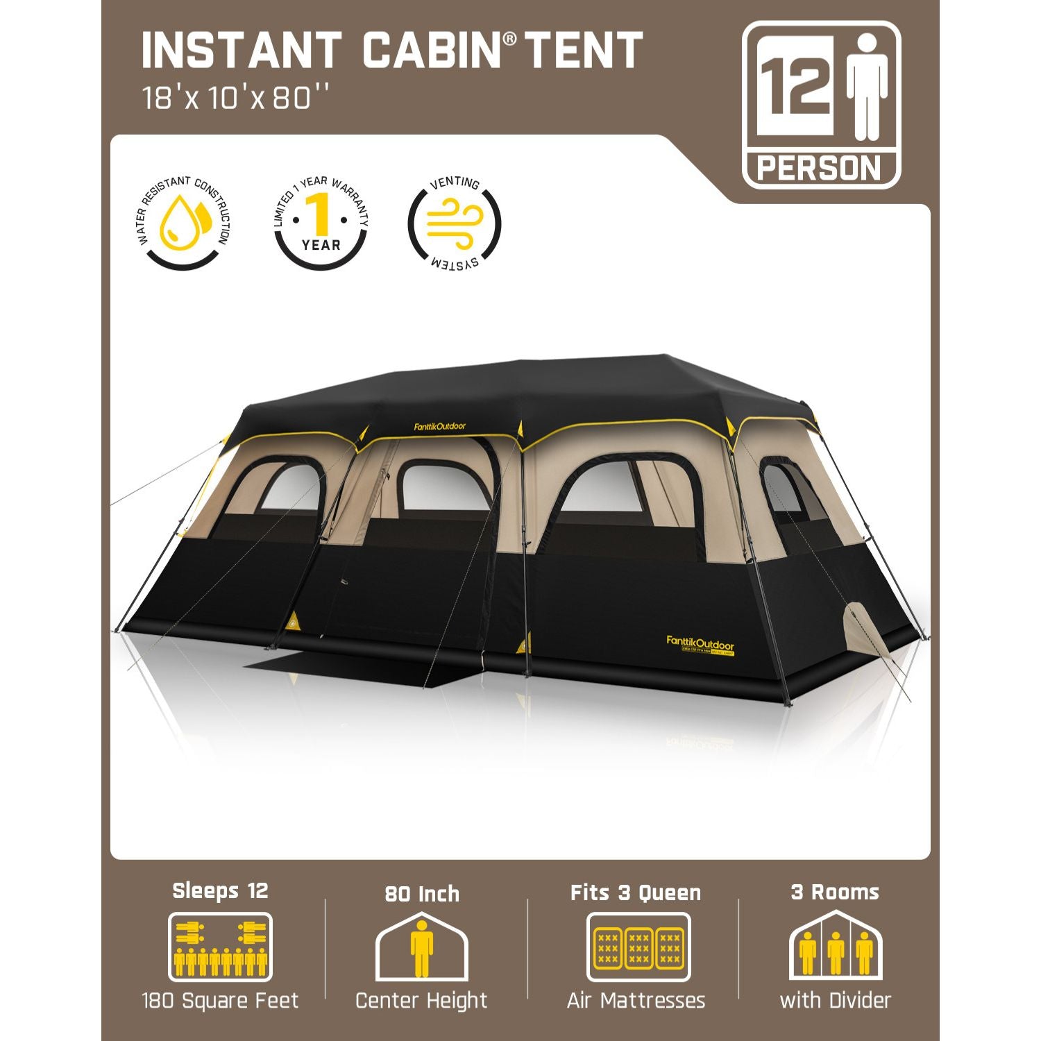 FanttikOutdoor Instant Cabin Tent 12 Person Camping Tent Setup in 90 Seconds with Rainfly & Windproof Portable with Carry Bag for Family Camping & Hiking, Upgraded Ventilation