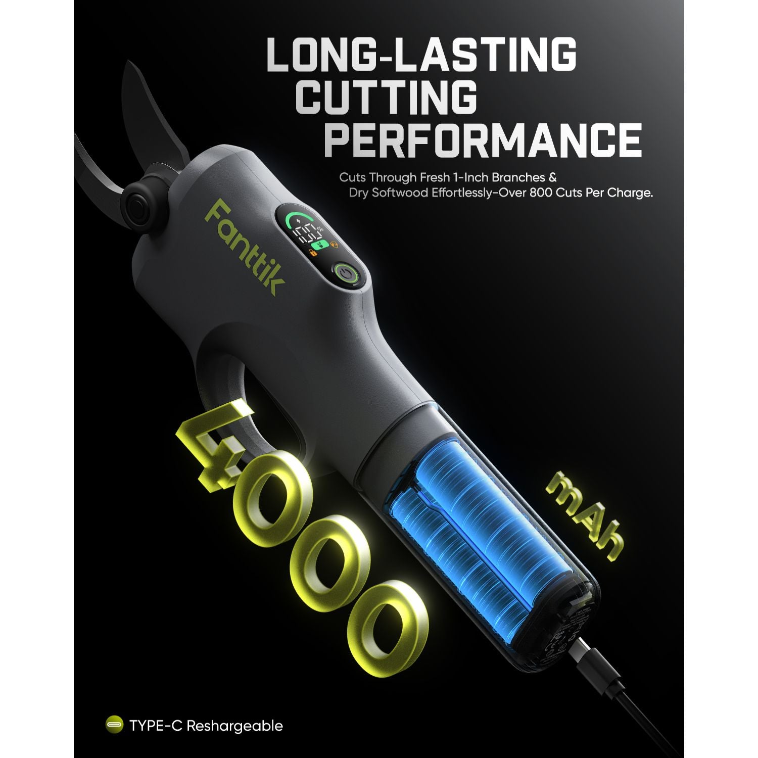 Fanttik Y10 Pro 7.2V Cordless Pruning Shears with Brushless Motor, LED Display, 4-Level Safety System, USB-C Fast Charging, SK5 Steel Blade for Branch Trimming