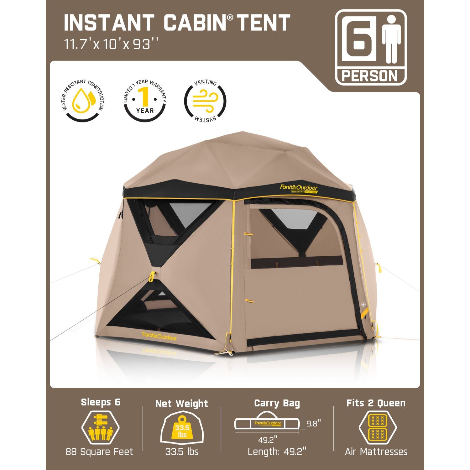 FanttikOutdoor Alpha C6 Ultra Instant Cabin Tent 6 Person Pop Up Camping Tent Setup in 60 Seconds Portable with Rainfly & Windproof for Outdoor Camping & Overlanding