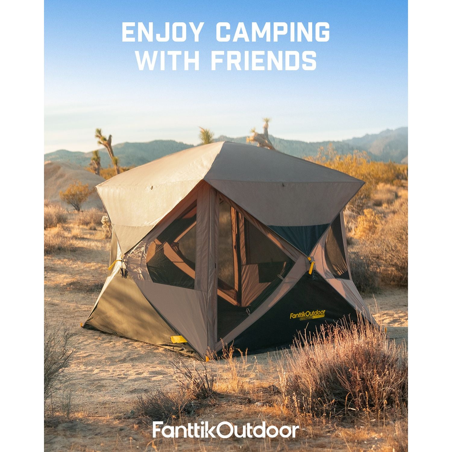 FanttikOutdoor Alpha C4 Ultra Instant Cabin Tent set up in a desert landscape with text 'Enjoy Camping with Friends.'