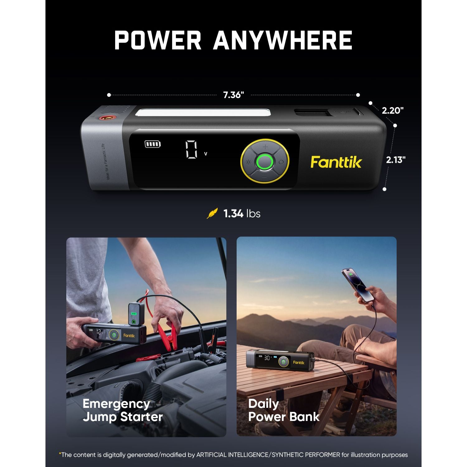 A promotional graphic for the Fanttik portable power station. The top section shows the power station with dimension labels and the headline 'POWER ANYWHERE.