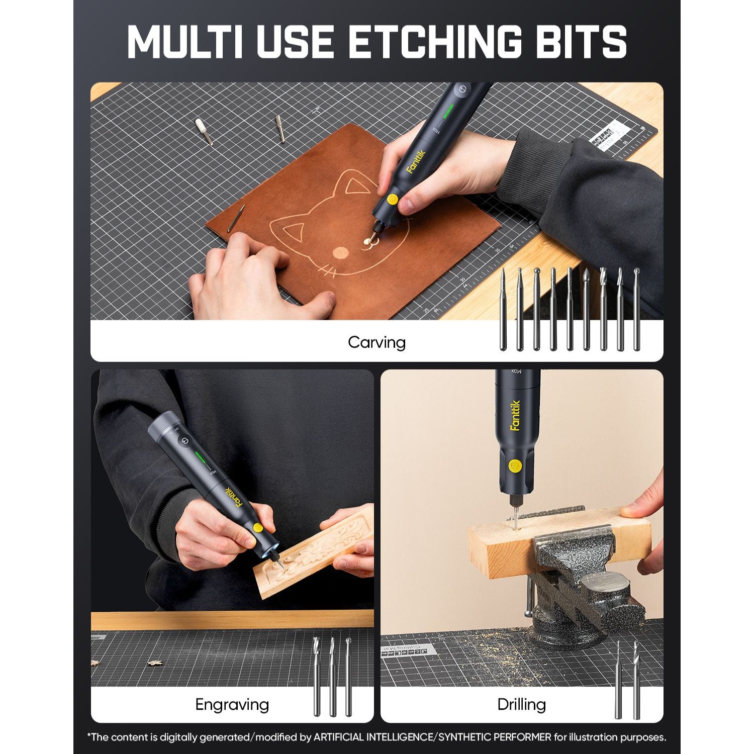A multi-use etching bits set shown in a three-panel collage with the heading 'MULTI USE ETCHING BITS.' The top panel shows a person using a black and yellow Fanttik rotary tool to carve a leather item on a cutting mat, with a row of bit sizes beside it.