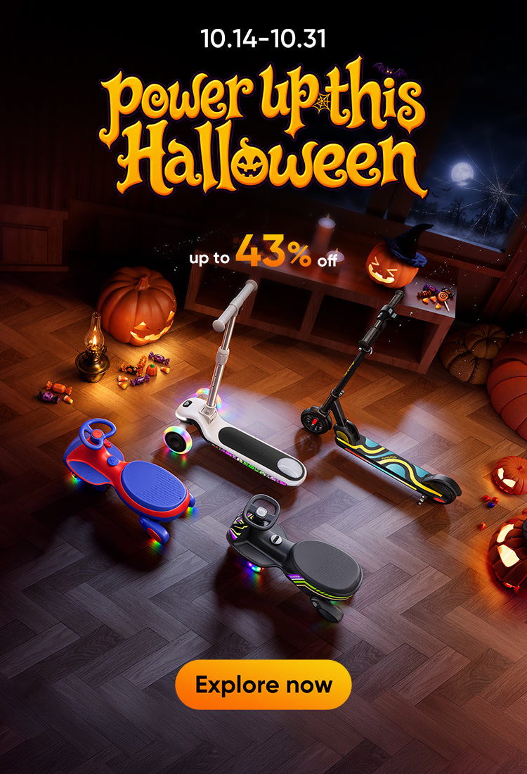 Halloween promotion banner for kids' scooters and wiggle car, running from October 14th to 31st, offering up to 43% off.