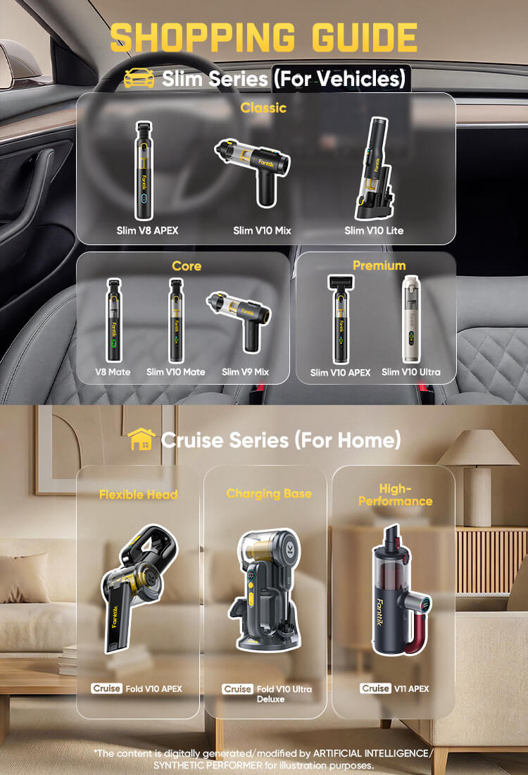 A shopping guide infographic for cordless vacuum cleaners, showing product options for vehicles and homes. The top section, labeled 'SHOPPING GUIDE Slim Series (For Vehicles)', displays six vacuum models (Slim V8 APEX, Slim V70 Mix, Slim V70 Line, V8 Moto, V8 V8 Mode, V9 Mix, V9 V9 Mix, V9 V9 APEX, V10 V10 APEX, V10 V10 Ultra) with vehicle backgrounds.