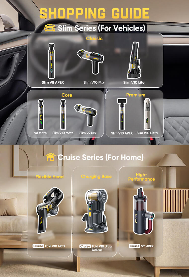 A shopping guide for car cordless vacuum cleaners, split into two sections: 'Slim Series (For Vehicles)' on the left showing four vacuum models inside a car interior, and 'Cruise Series (For Home)' on the right showing four vacuum models in a living room setting.