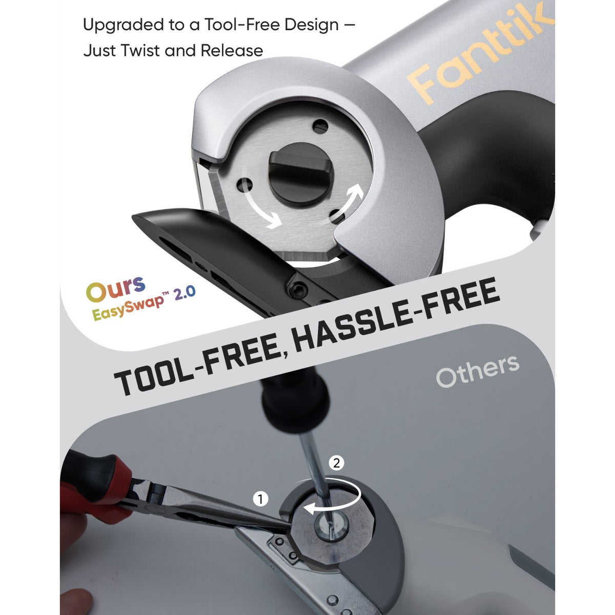 Fanttik C11 Ultra EasySwap 2.0 tool-free blade replacement design, twist-release rotary cutter blade change, no screwdriver needed compare to traditional electric scissors