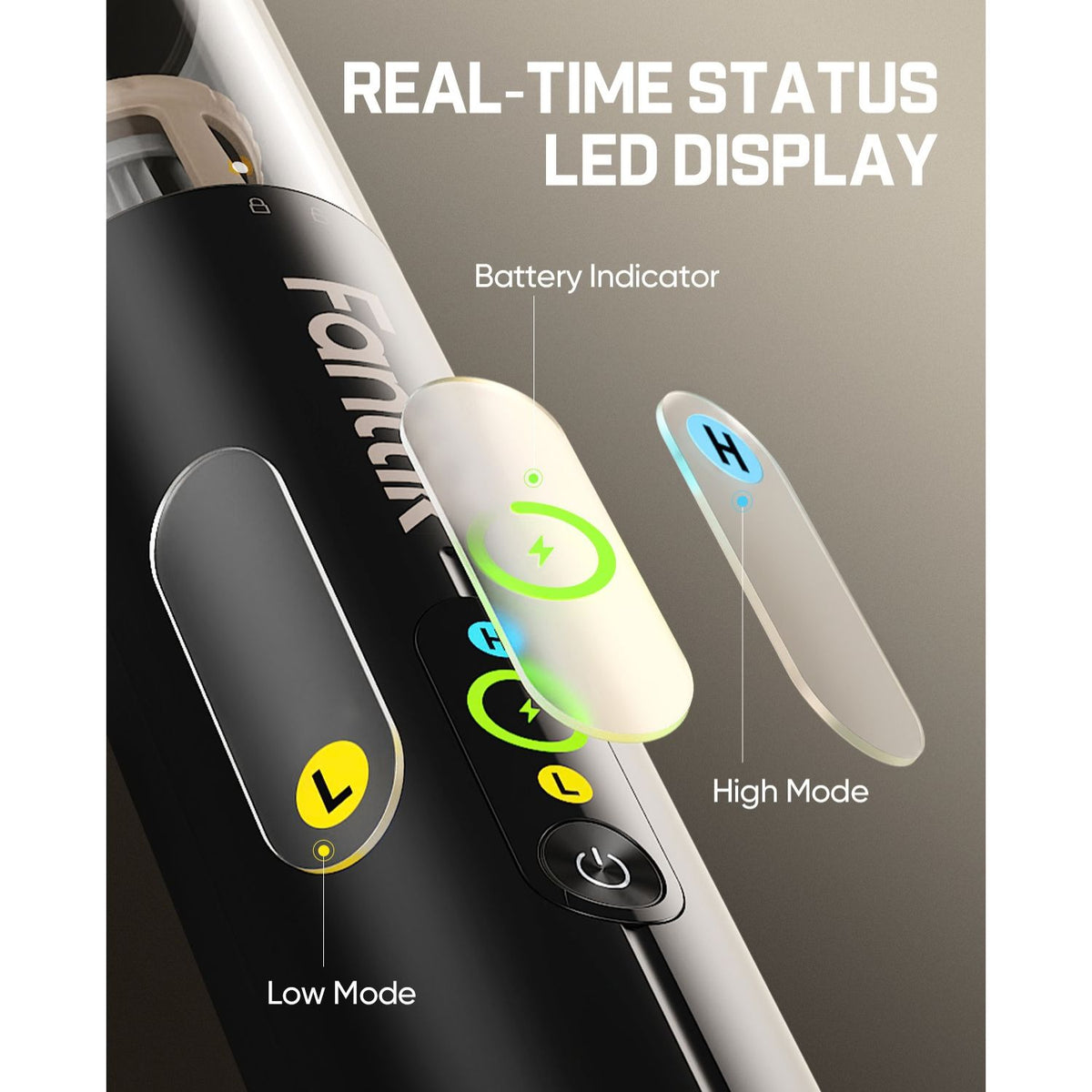 Fanttik Slim V10 Ultra Cordless Car Vacuum with real-time status LED display on a light purple background