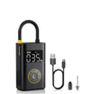 A Fanttik portable X9 Pro electric air pump with a digital display screen, yellow accents, and a built-in U-shaped handle, shown alongside a USB charging cable, a nozzle tip, and a black air filter on a white background.