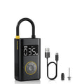 A Fanttik portable X9 Pro electric air pump with a digital display screen, yellow accents, and a built-in U-shaped handle, shown alongside a USB charging cable, a nozzle tip, and a black air filter on a white background.