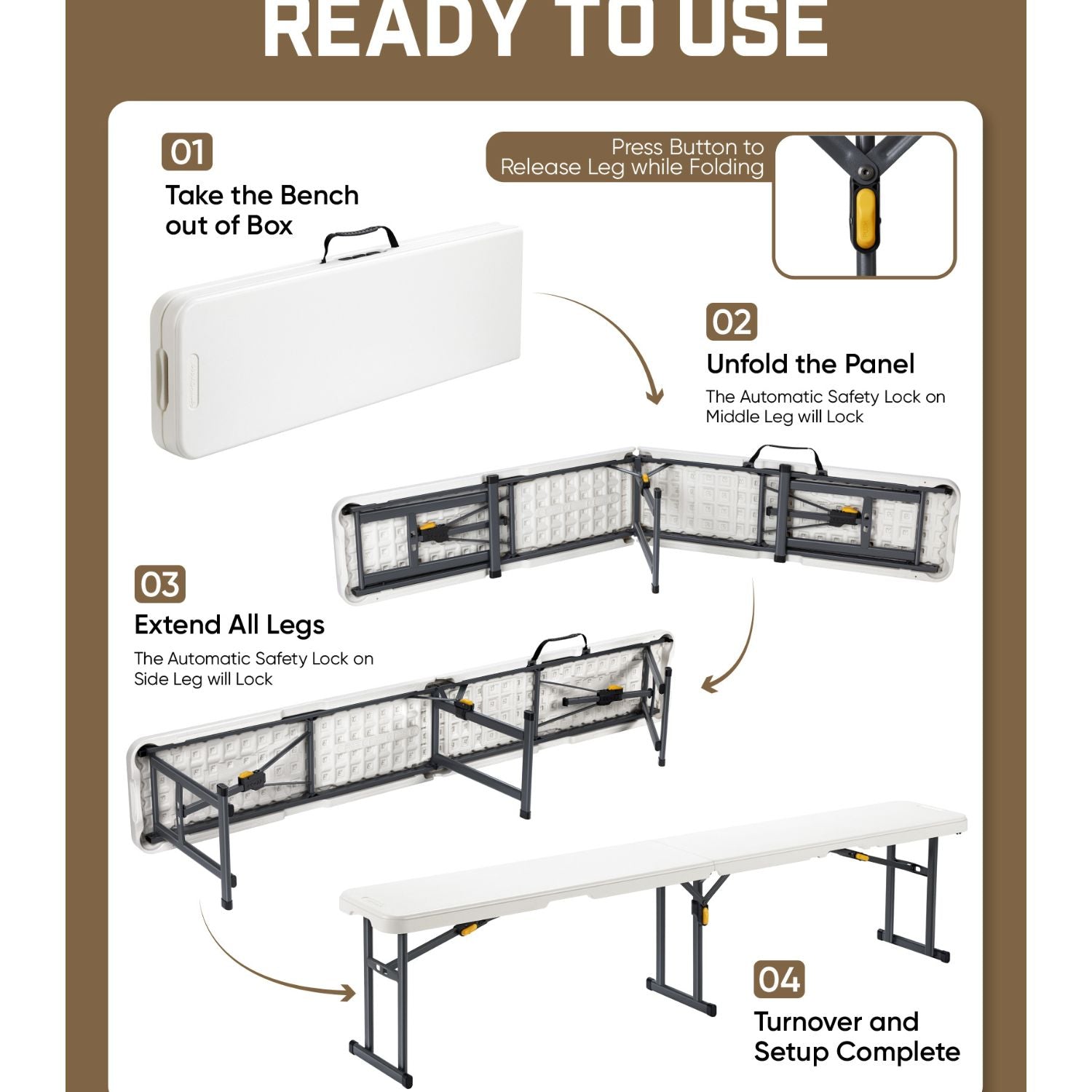 FanttikOutdoor 6ft Plastic Folding Bench with Safety Lock Carrying Handle, Portable Indoor Outdoor Bench for Party, Dining, Camping, Garden, Soccer Activities, No Assembly, 1 Pack, White Zeta I6 Pro