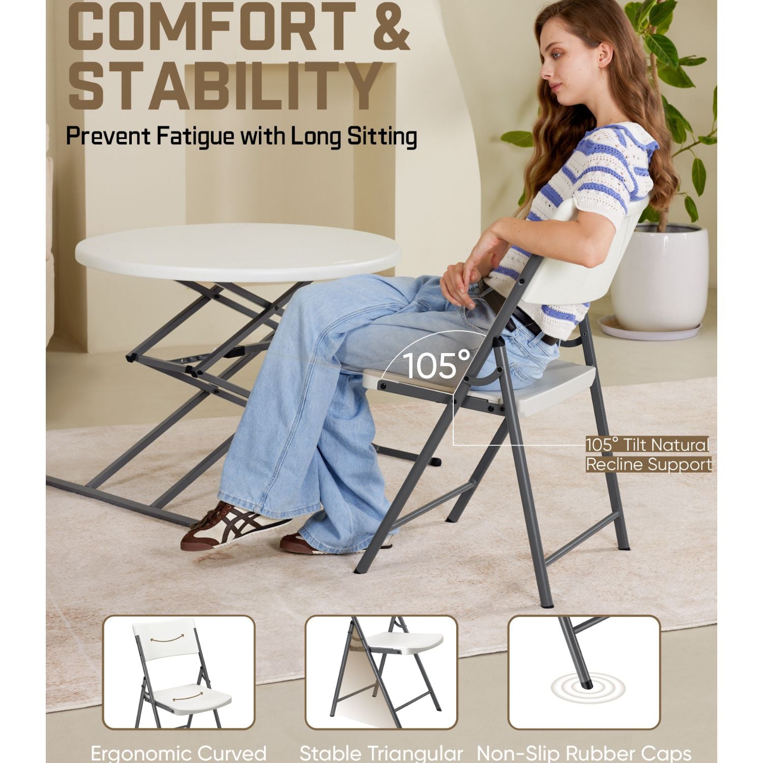 FanttikOutdoor Portable Plastic Folding Chair, Indoor Outdoor Comfortable Sturdy Office Seat with Steel Frame, 350 lbs Capacity for Home, Party, Wedding, Garden, Stadium, 4-Pack, White Zeta H8 Lite