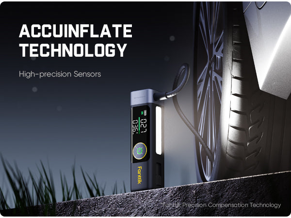 A portable car tire inflator labeled 'Fanttik' is shown connected to a car tire with a hose, set against a dark outdoor-style background with large text reading 'ACCUINFLATE TECHNOLOGY' and 'High-precision Sensors'.